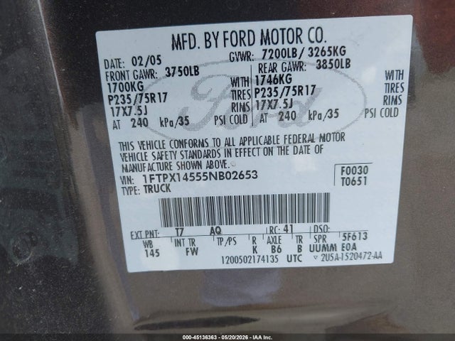 2005 Ford F-150 Fx4/lariat/xl/xlt მანქანა იყიდება აუქციონზე, vin: 1FTPX14555NB02653, აუქციონის ნომერი: 45136363