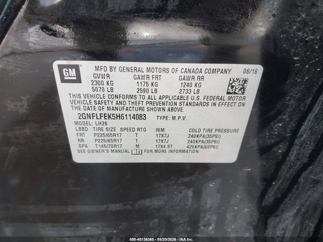 Aukcja sprzedaży 2017 Chevrolet Equinox Lt, vin: 2GNFLFEK5H6114083, numer aukcji: 45136365