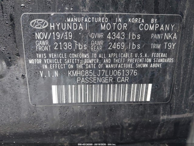 2020 Hyundai Ioniq Electric Limited მანქანა იყიდება აუქციონზე, vin: KMHC85LJ7LU061376, აუქციონის ნომერი: 45136369