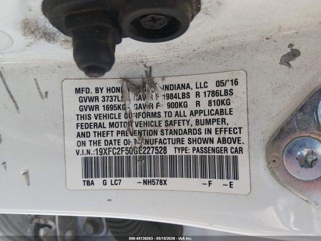 45136383 :رقم المزاد ، 19XFC2F50GE227528 vin ، 2016 Honda Civic Lx مزاد بيع