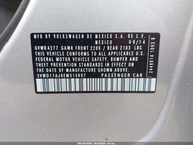 Продаж на аукціоні авто 2014 Volkswagen Jetta 1.8t Se, vin: 3VWD17AJ6EM313697, номер лоту: 45136388