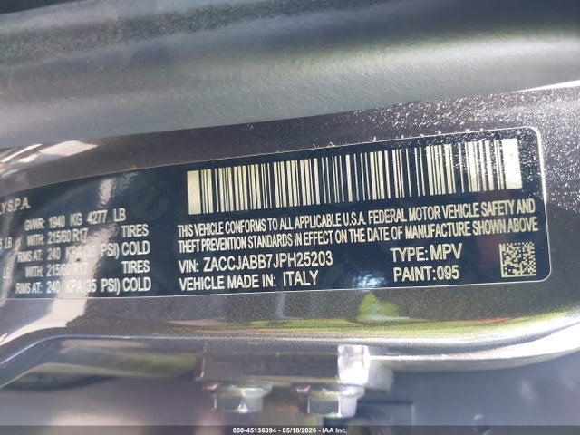2018 Jeep Renegade Latitude Fwd მანქანა იყიდება აუქციონზე, vin: ZACCJABB7JPH25203, აუქციონის ნომერი: 45136394
