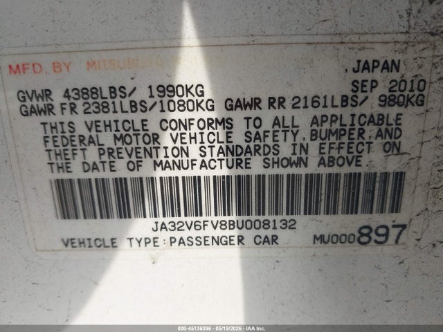 45136396 :رقم المزاد ، JA32V6FV8BU008132 vin ، 2011 Mitsubishi Lancer Ralliart مزاد بيع