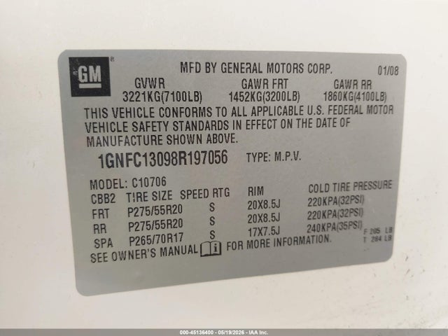 Aukcja sprzedaży 2008 Chevrolet Tahoe Ltz, vin: 1GNFC13098R197056, numer aukcji: 45136400