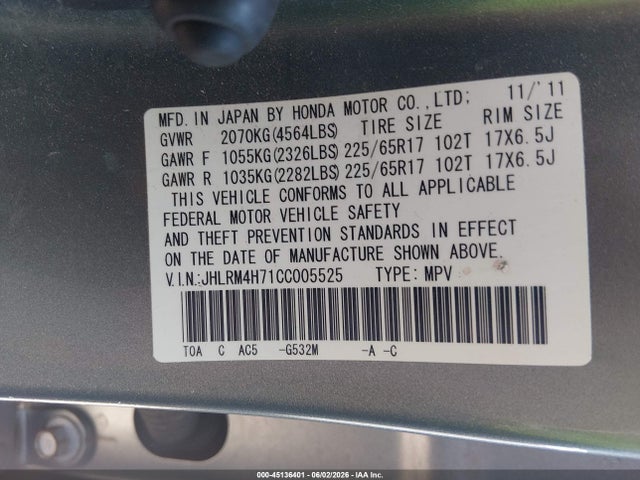 Aukcja sprzedaży 2012 Honda Cr-v Ex-l, vin: JHLRM4H71CC005525, numer aukcji: 45136401