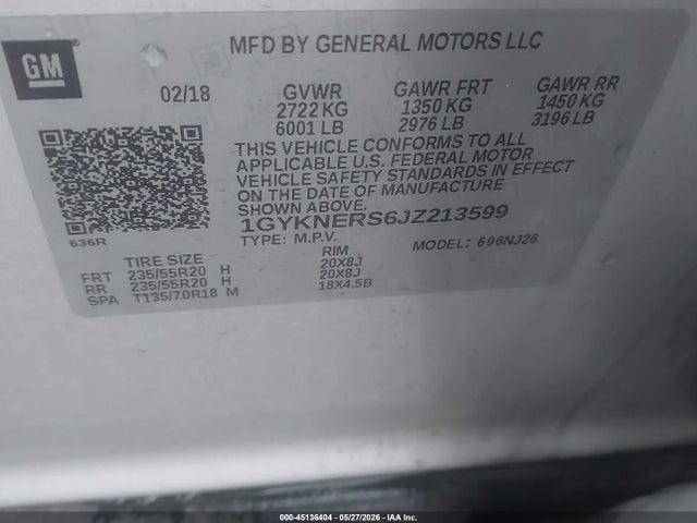 45136404 :رقم المزاد ، 1GYKNERS6JZ213599 vin ، 2018 Cadillac Xt5 Premium Luxury مزاد بيع