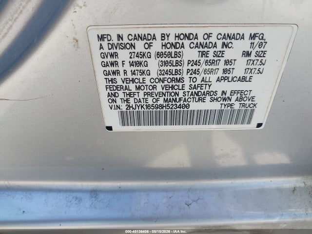 Продажа на аукционе авто 2008 Honda Ridgeline Rtl, vin: 2HJYK16598H523400, номер лота: 45136406