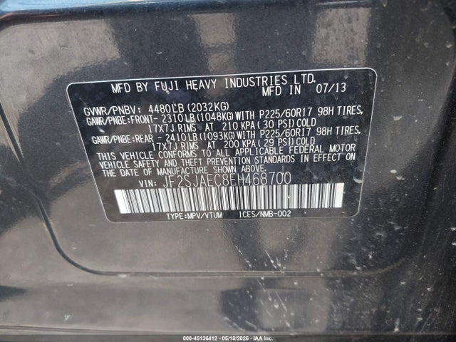 Продажа на аукционе авто 2014 Subaru Forester 2.5i Premium, vin: JF2SJAEC8EH468700, номер лота: 45136412