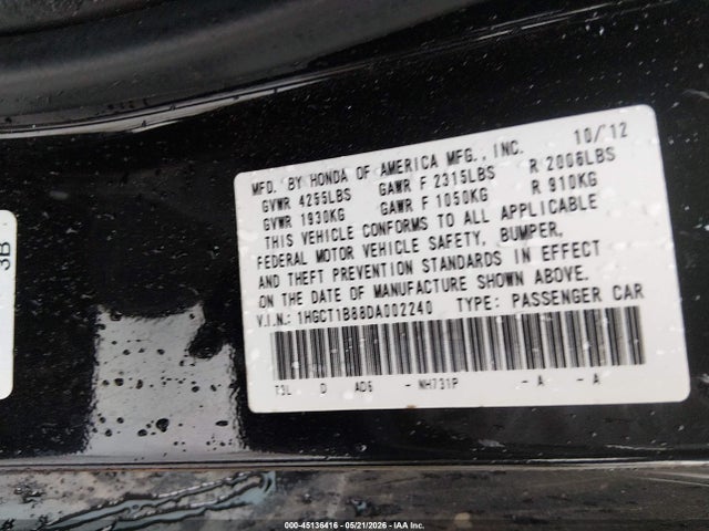 2013 Honda Accord Ex-l მანქანა იყიდება აუქციონზე, vin: 1HGCT1B88DA002240, აუქციონის ნომერი: 45136416
