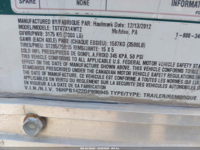 Продажа на аукционе авто 2013 Haul Mark Ind Encl Trlr, vin: 16HPB1422DP090945, номер лота: 45136420