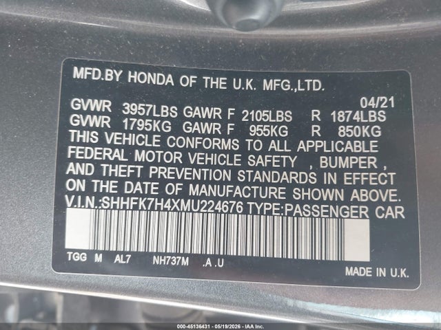 Aukcja sprzedaży 2021 Honda Civic Sport, vin: SHHFK7H4XMU224676, numer aukcji: 45136431