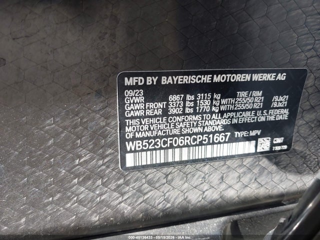 45136433 :رقم المزاد ، WB523CF06RCP51667 vin ، 2024 Bmw Ix Xdrive50 مزاد بيع