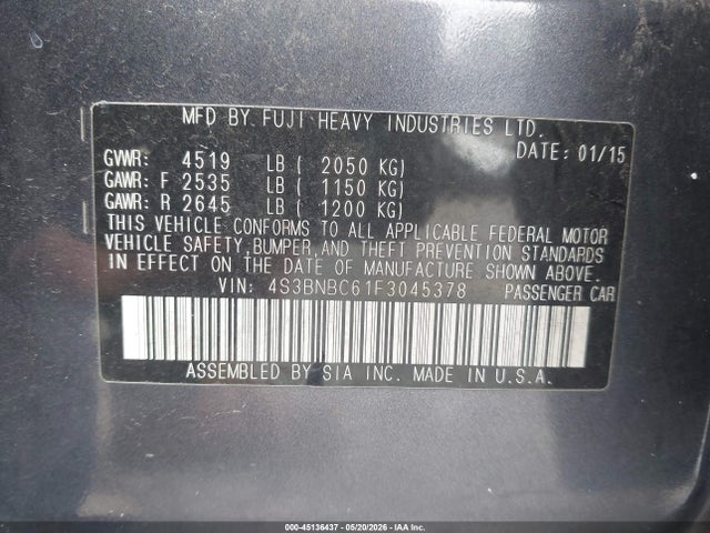 Продажа на аукционе авто 2015 Subaru Legacy 2.5i Premium, vin: 4S3BNBC61F3045378, номер лота: 45136437