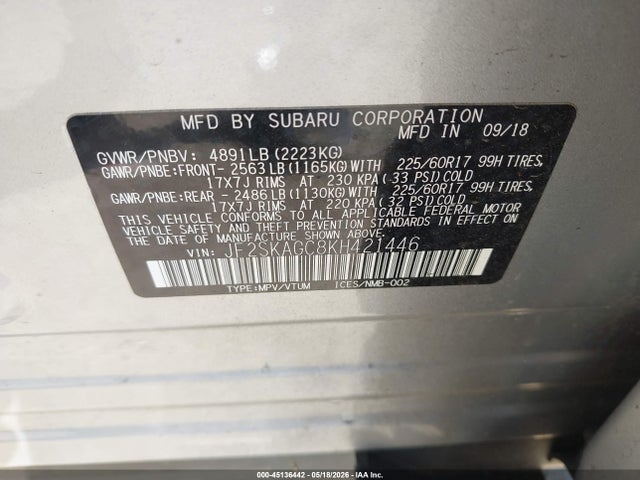 2019 Subaru Forester Premium მანქანა იყიდება აუქციონზე, vin: JF2SKAGC8KH421446, აუქციონის ნომერი: 45136442