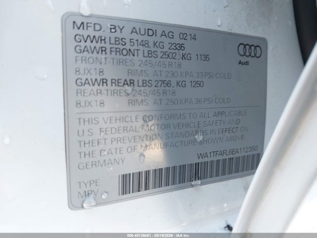 45136451 :رقم المزاد ، WA1TFAFL6EA112350 vin ، 2014 Audi A4 Allroad Premium مزاد بيع