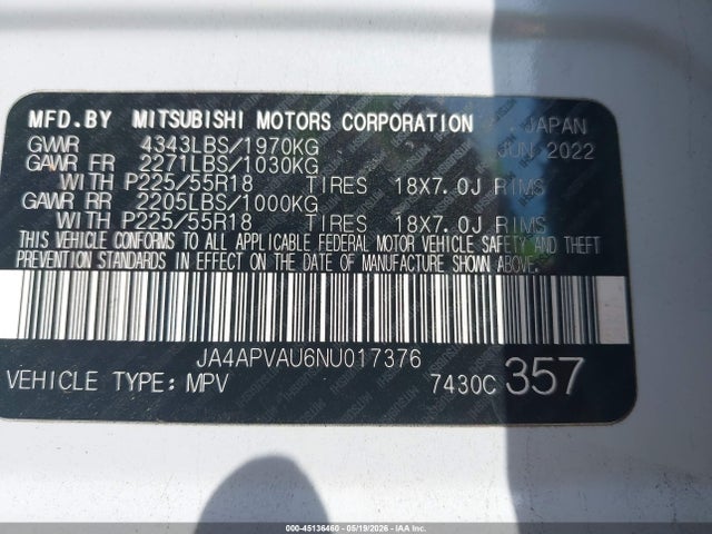 45136460 :رقم المزاد ، JA4APVAU6NU017376 vin ، 2022 Mitsubishi Outlander Sport 2.0 Se 2wd مزاد بيع