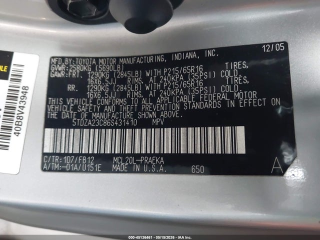 45136461 :رقم المزاد ، 5TDZA23C86S431410 vin ، 2006 Toyota Sienna Ce/le مزاد بيع