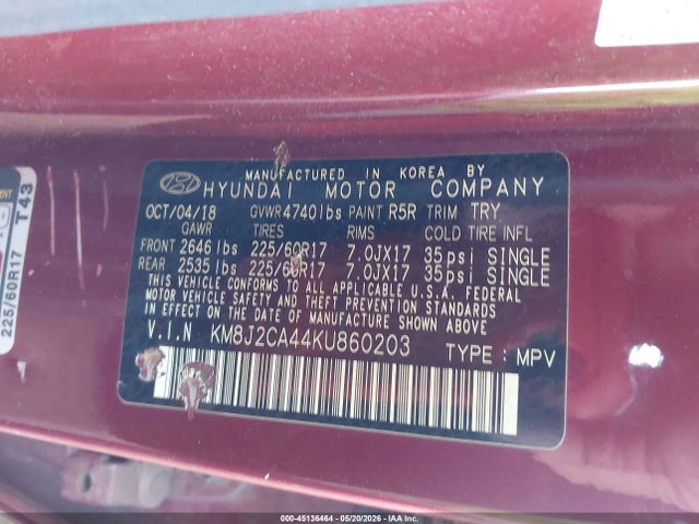 Auction sale of the 2019 Hyundai Tucson Se, vin: KM8J2CA44KU860203, lot number: 45136464