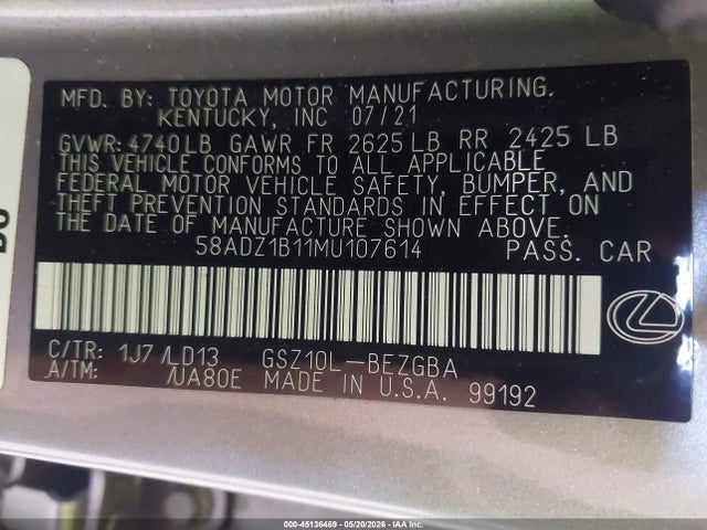 Продажа на аукционе авто 2021 Lexus Es 350, vin: 58ADZ1B11MU107614, номер лота: 45136469