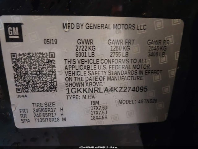 Продаж на аукціоні авто 2019 Gmc Acadia Sle-1, vin: 1GKKNRLA4KZ274095, номер лоту: 45136470