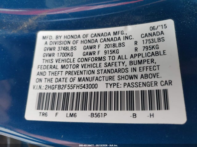 Honda Civic Lx 2015 2HGFB2F55FH543000 Image 9