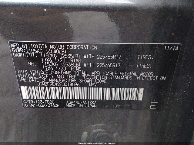 Aukcja sprzedaży 2015 Toyota Rav4 Le, vin: JTMBFREV2FJ018096, numer aukcji: 45136484