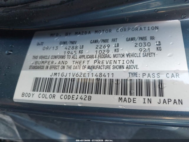2014 Mazda Mazda6 მანქანა იყიდება აუქციონზე, vin: JM1GJ1V62E1148411, აუქციონის ნომერი: 45136486