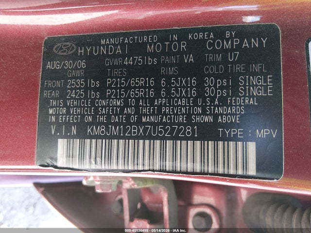 45136495 :رقم المزاد ، KM8JM12BX7U527281 vin ، 2007 Hyundai Tucson Gls مزاد بيع