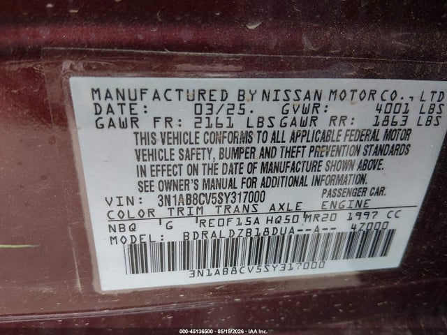 Aukcja sprzedaży 2025 Nissan Sentra Sv, vin: 3N1AB8CV5SY317000, numer aukcji: 45136500