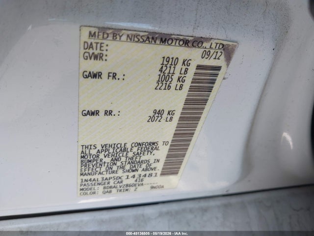 45136505 :رقم المزاد ، 1N4AL3AP5DC143481 vin ، 2013 Nissan Altima 2.5 Sl مزاد بيع