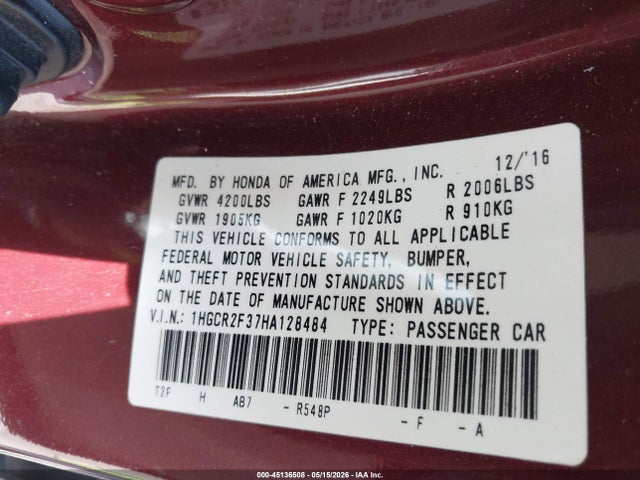 45136508 :رقم المزاد ، 1HGCR2F37HA128484 vin ، 2017 Honda Accord Lx مزاد بيع