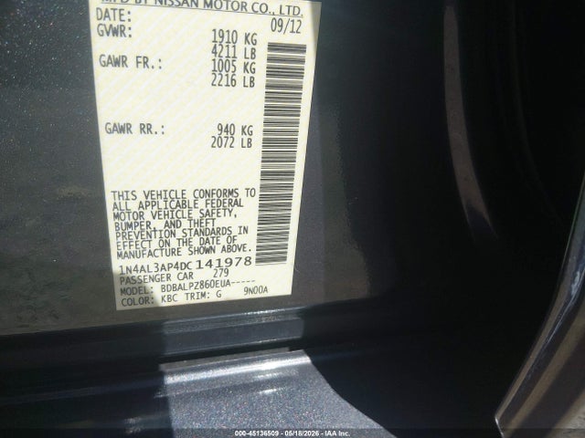 2013 Nissan Altima 2.5 მანქანა იყიდება აუქციონზე, vin: 1N4AL3AP4DC141978, აუქციონის ნომერი: 45136509