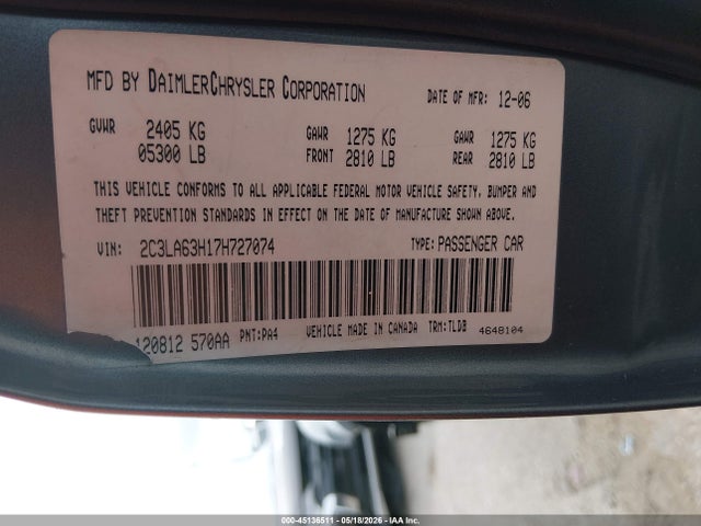 Продаж на аукціоні авто 2007 Chrysler 300c, vin: 2C3LA63H17H727074, номер лоту: 45136511