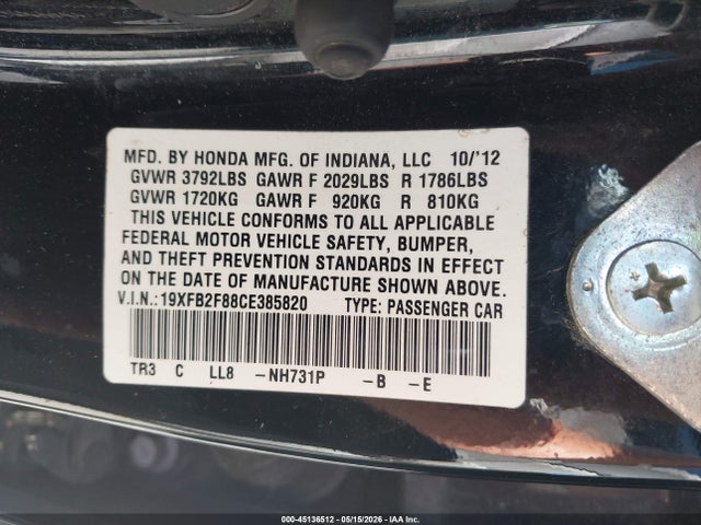 Продаж на аукціоні авто 2012 Honda Civic Ex, vin: 19XFB2F88CE385820, номер лоту: 45136512