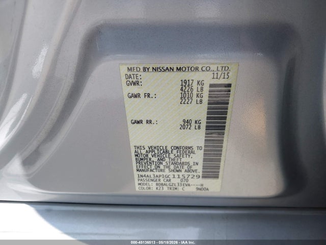 Aukcja sprzedaży 2016 Nissan Altima 2.5 S, vin: 1N4AL3AP1GC115729, numer aukcji: 45136513