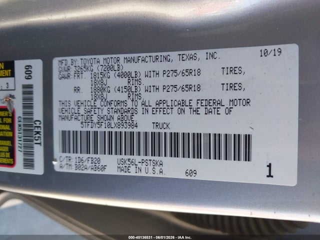 Toyota Tundra Sr5 2020 5TFDY5F10LX893984 Image 9