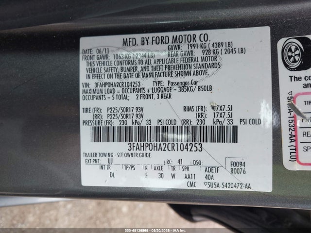 Продаж на аукціоні авто 2012 Ford Fusion Se, vin: 3FAHP0HA2CR104253, номер лоту: 45136565