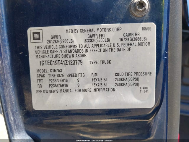 45136567 :رقم المزاد ، 1GTEC19T41Z123779 vin ، 2001 Gmc Sierra 1500 Sle مزاد بيع