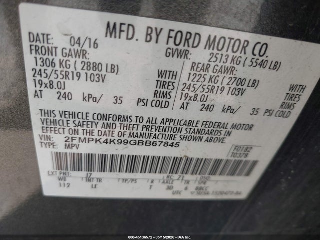 Aukcja sprzedaży 2016 Ford Edge Titanium, vin: 2FMPK4K99GBB67845, numer aukcji: 45136572