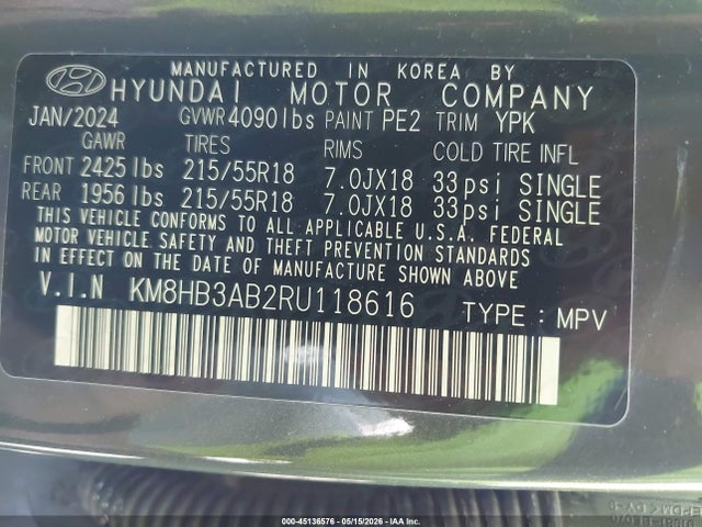 Продаж на аукціоні авто 2024 Hyundai Kona Sel, vin: KM8HB3AB2RU118616, номер лоту: 45136576