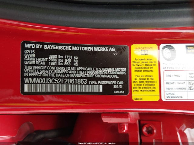 45136589 :رقم المزاد ، WMWXU3C52F2B61863 vin ، 2015 Mini Hardtop Cooper S مزاد بيع