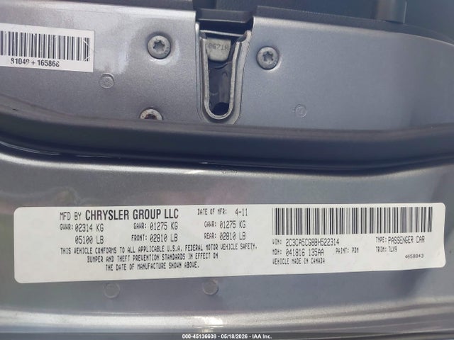 45136608 :رقم المزاد ، 2C3CA5CG8BH522314 vin ، 2011 Chrysler 300 Limited مزاد بيع