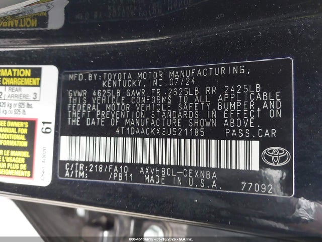 45136615 :رقم المزاد ، 4T1DAACKXSU521185 vin ، 2025 Toyota Camry Le مزاد بيع
