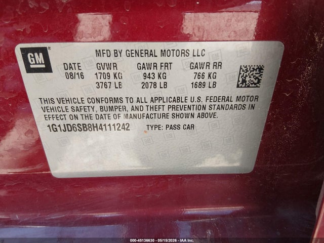Продаж на аукціоні авто 2017 Chevrolet Sonic Lt Auto, vin: 1G1JD6SB8H4111242, номер лоту: 45136630