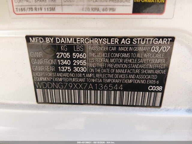 45136631 :رقم المزاد ، WDDNG79XX7A136544 vin ، 2007 Mercedes-benz S 65 Amg مزاد بيع