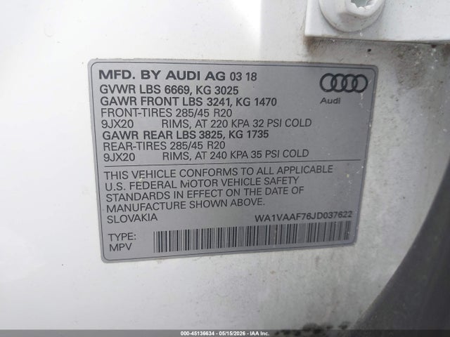 2018 Audi Q7 3.0t Premium მანქანა იყიდება აუქციონზე, vin: WA1VAAF76JD037622, აუქციონის ნომერი: 45136634
