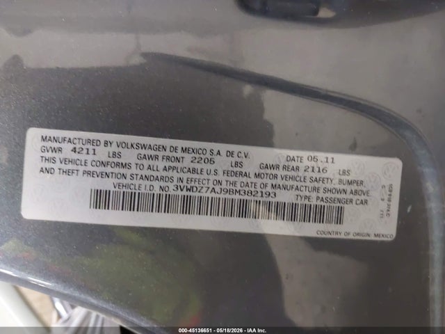 Продажа на аукционе авто 2011 Volkswagen Jetta 2.5l Se, vin: 3VWDZ7AJ9BM382193, номер лота: 45136651