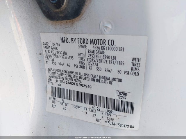 Продаж на аукціоні авто 2015 Ford F-250 Xl, vin: 1FTBF2A62FEB63959, номер лоту: 45136652