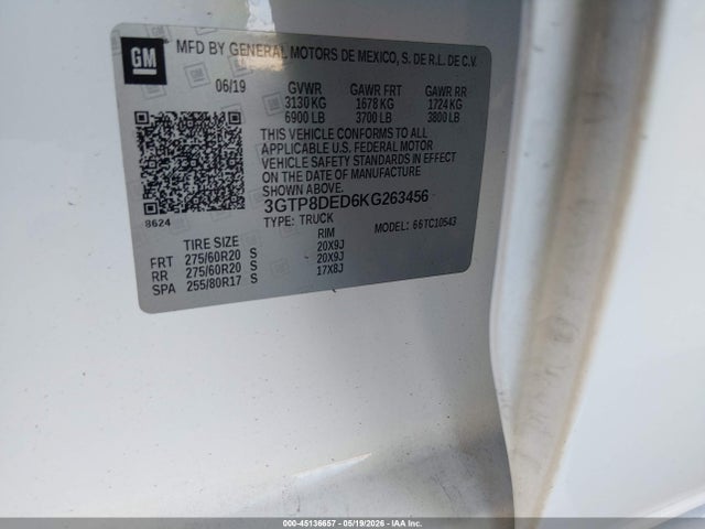 45136657 :رقم المزاد ، 3GTP8DED6KG263456 vin ، 2019 Gmc Sierra 1500 Slt مزاد بيع