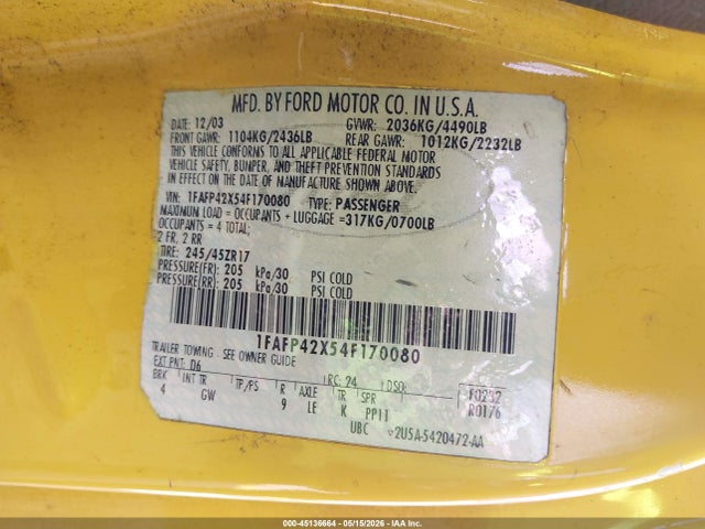 2004 Ford Mustang Gt მანქანა იყიდება აუქციონზე, vin: 1FAFP42X54F170080, აუქციონის ნომერი: 45136664